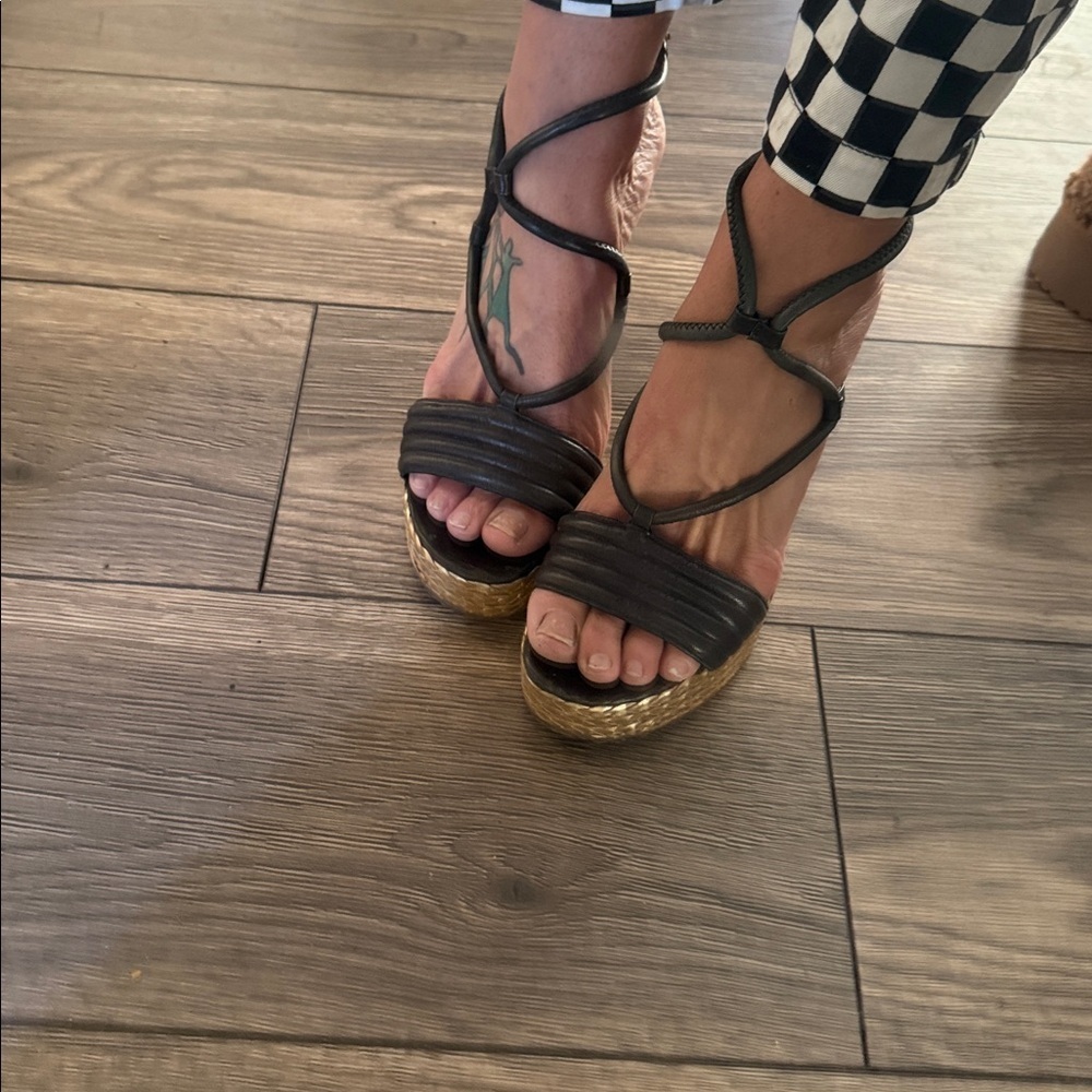 Coach Black Leather Wedge Sandals with Braided Espadrille
